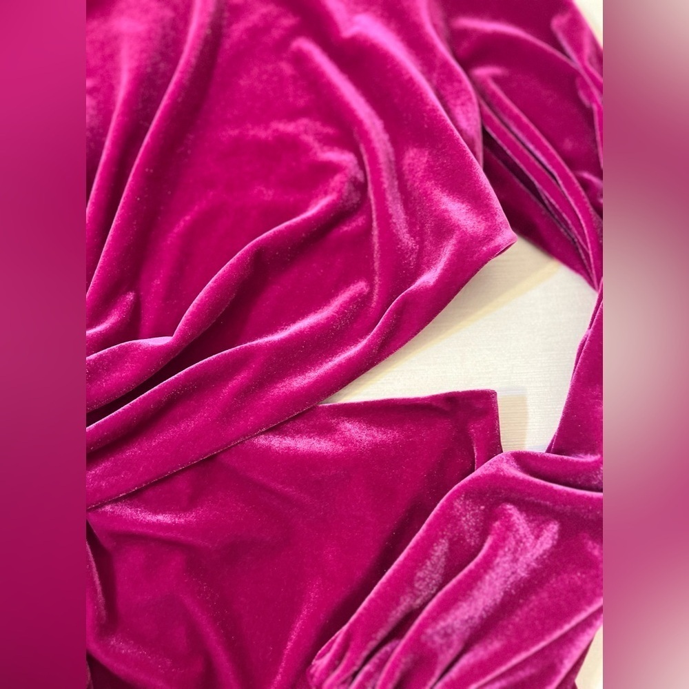 One33 Social Hot Pink Velvet Cutout Mini Dress Draped Front Balloon Sleeve Glam - Picture 4 of 15